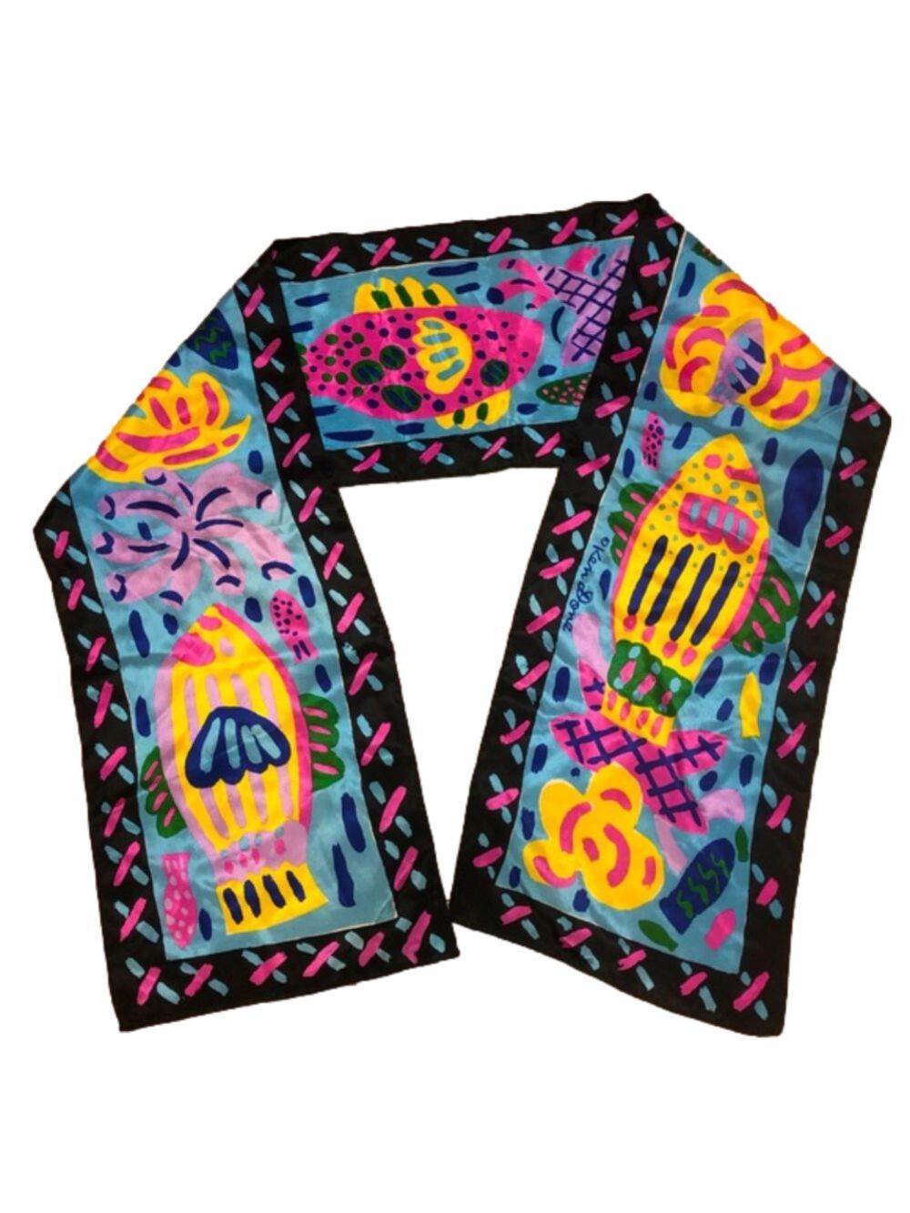 VTG 80s Ken Done Silk Long Tie Scarf Head Wrap Tropical Fish Floral Bright